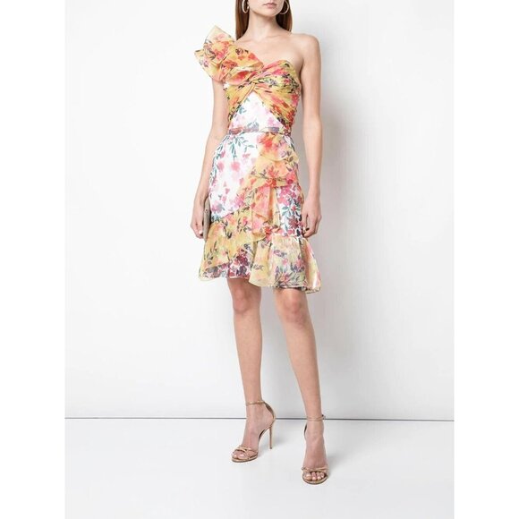 Marchesa Notte Floral Print Organza Mini Dress Ruffle One Shoulder 10 New $695 - Picture 2 of 6